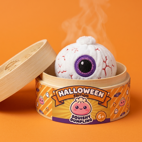 Dumpling Squishy Halloween Eye Plysch i sin bambu-ångkorg