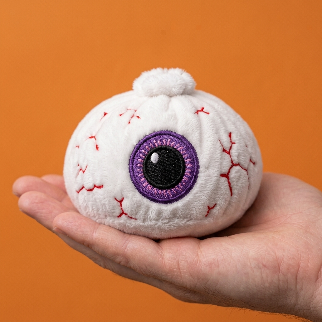 Dumpling Squishy Halloween Eye Plysch i handen, verklig storlek