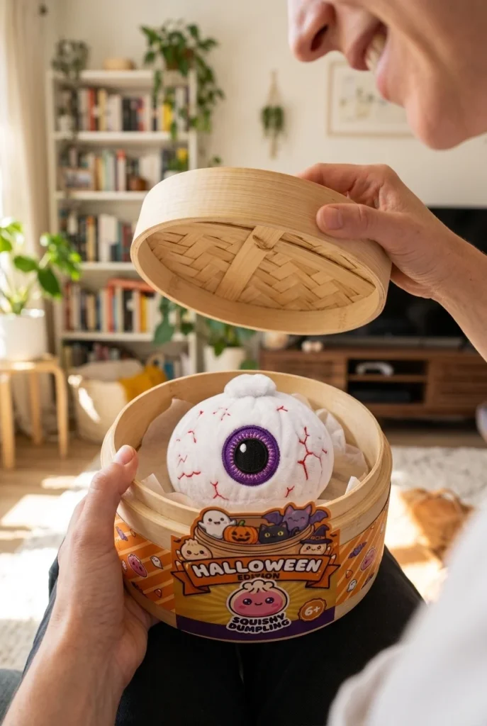 Dumpling Squishy Halloween Eye Plysch i unboxing-ögonblicket