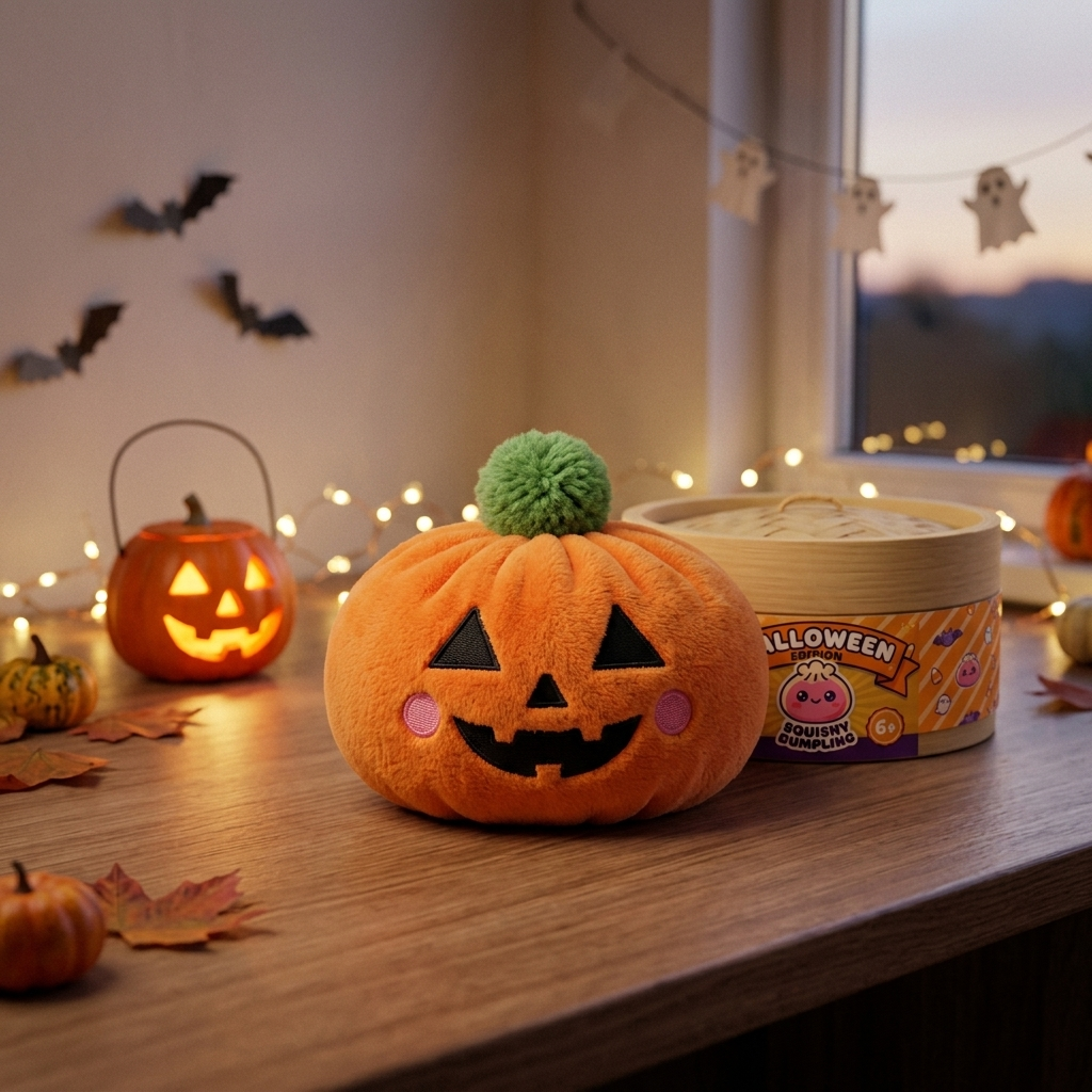 Squishy Dumpling Pumpa Halloween i sin kawaii-miljö