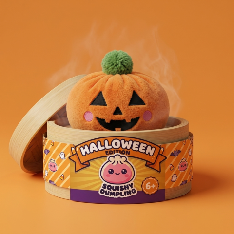 Squishy Dumpling Pumpa Halloween i sin bambu-ångkorg