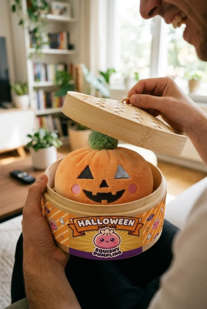Squishy Dumpling Pumpa Halloween i unboxing-ögonblicket