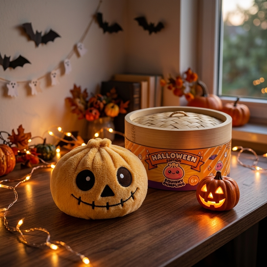 Dumpling Squishy Skeleton Halloween Leende i sin kawaii-miljö