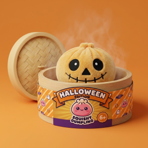 Dumpling Squishy Skeleton Halloween Leende i sin bambu-ångkorg