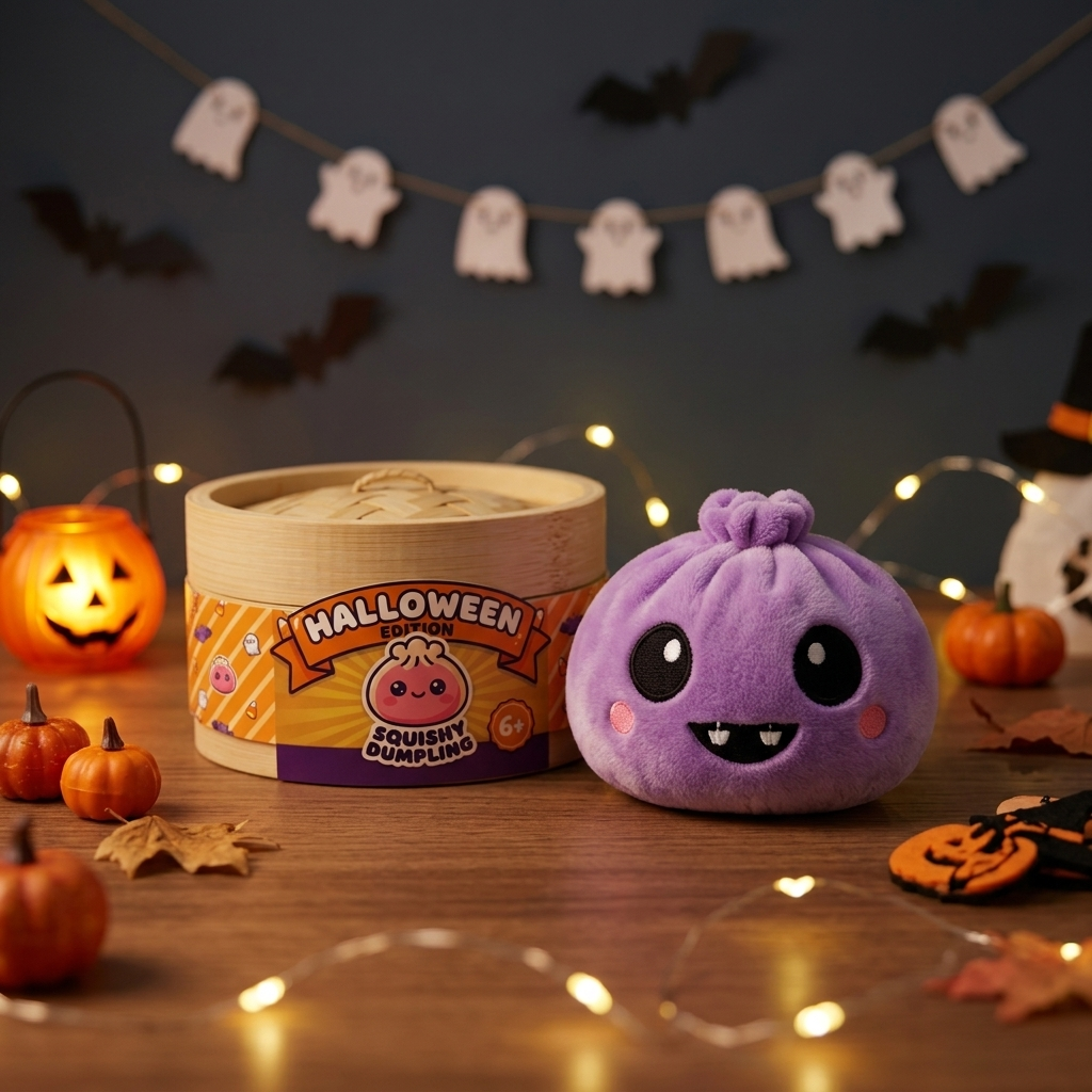 Squishy Dumpling Vampire Halloween Sammet i sin kawaii-miljö