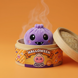 Squishy Dumpling Vampire Halloween Sammet i sin bambu-ångkorg