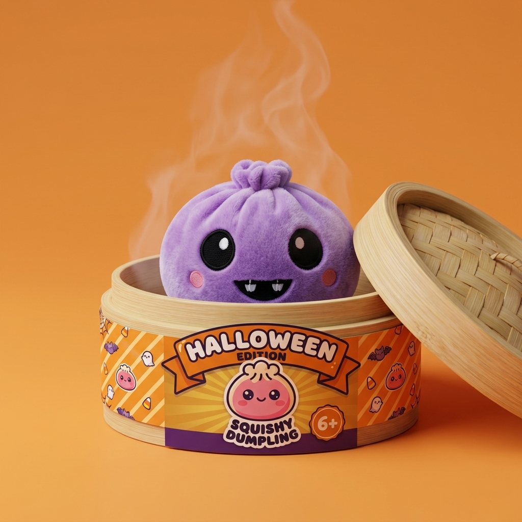 Squishy Dumpling Vampire Halloween Sammet i sin bambu-ångkorg