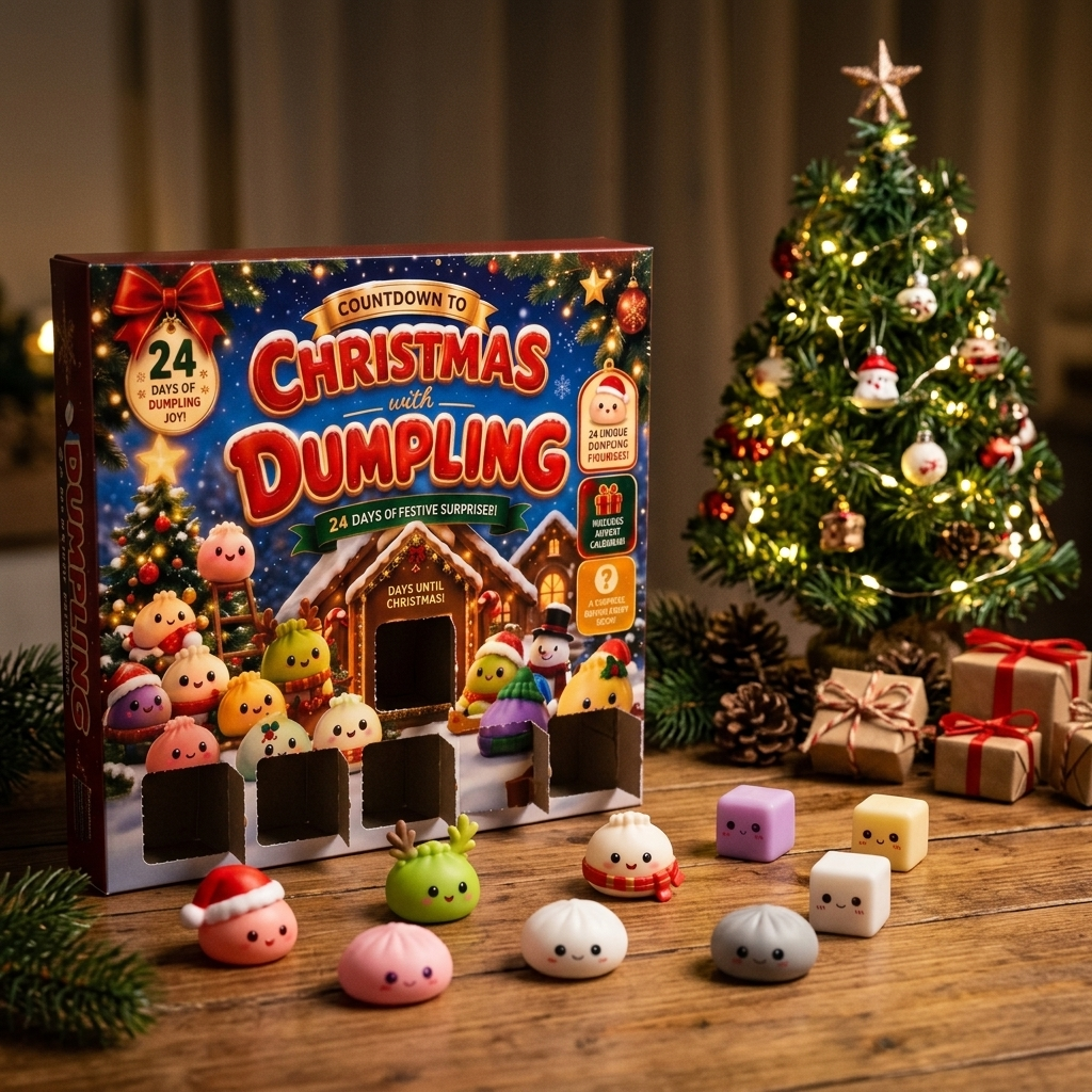 Adventskalender Squishy Dumpling Mochi Pepparkaka 24 Delar i sin kawaii-miljö