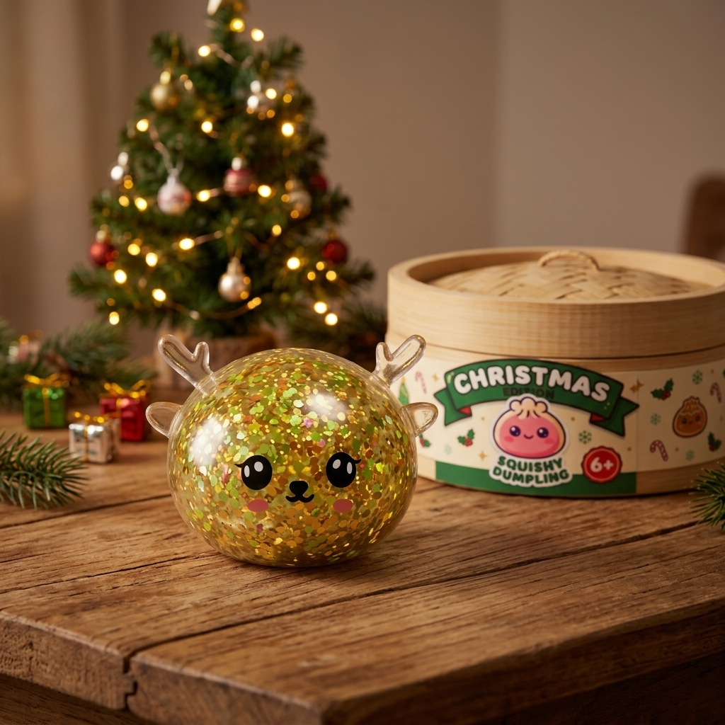Squishy Dumpling Reindeer Mystery Glitter i sin kawaii-miljö