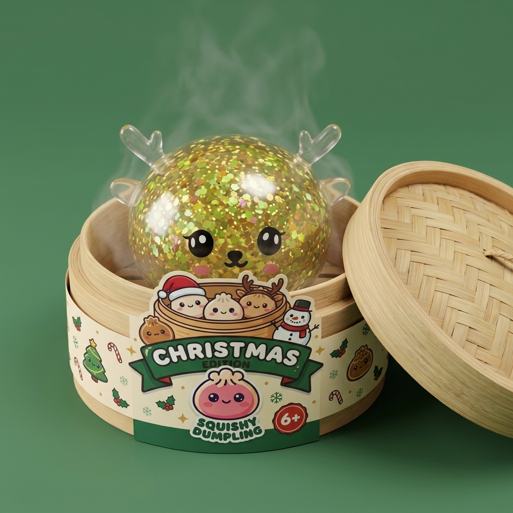 Squishy Dumpling Reindeer Mystery Glitter i sin bambu-ångkorg