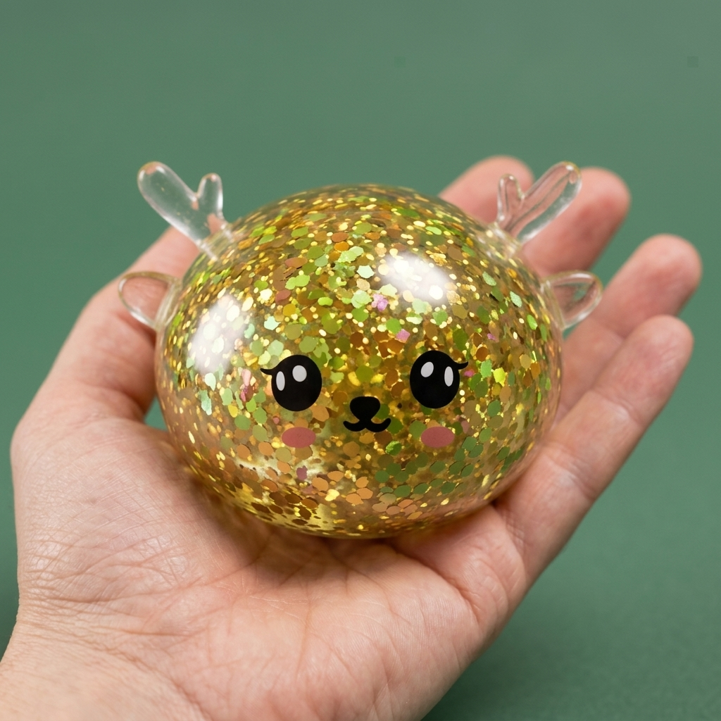 Squishy Dumpling Reindeer Mystery Glitter i handen, verklig storlek