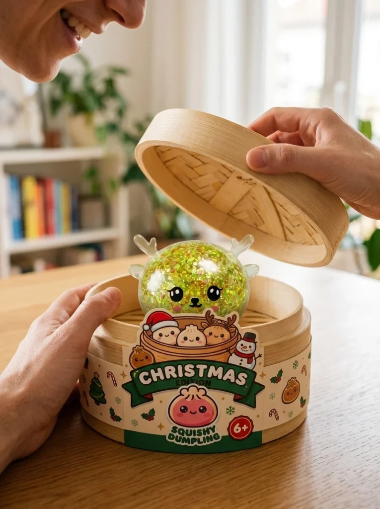Squishy Dumpling Reindeer Mystery Glitter i unboxing-ögonblicket