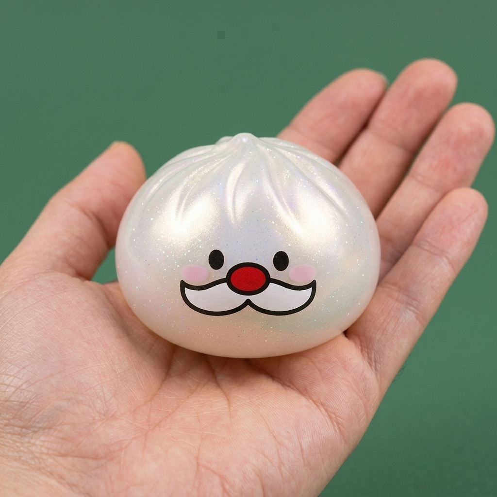 Dumpling Squishy Mystery Tomtemustasch i handen, verklig storlek