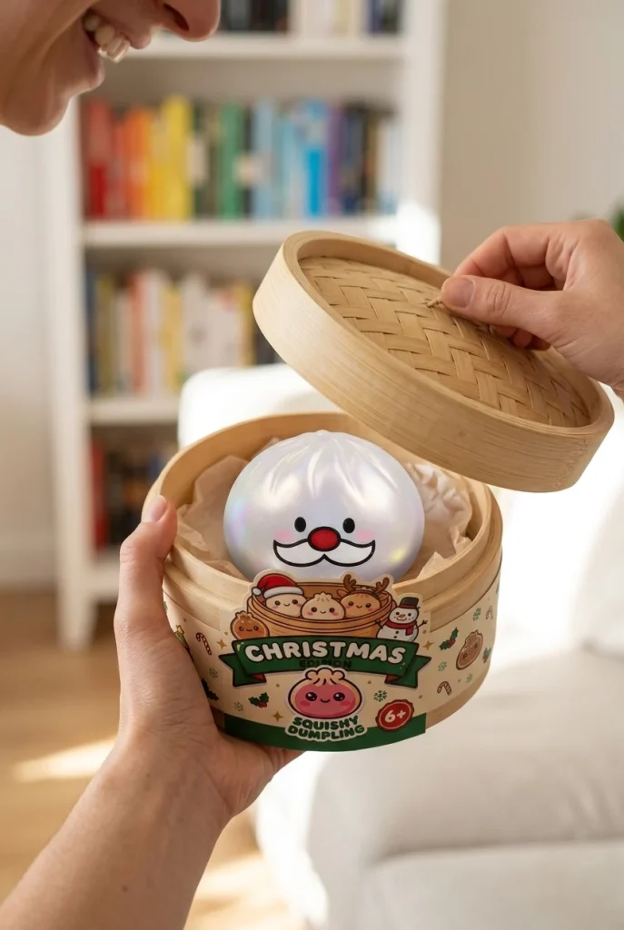 Dumpling Squishy Mystery Tomtemustasch i unboxing-ögonblicket