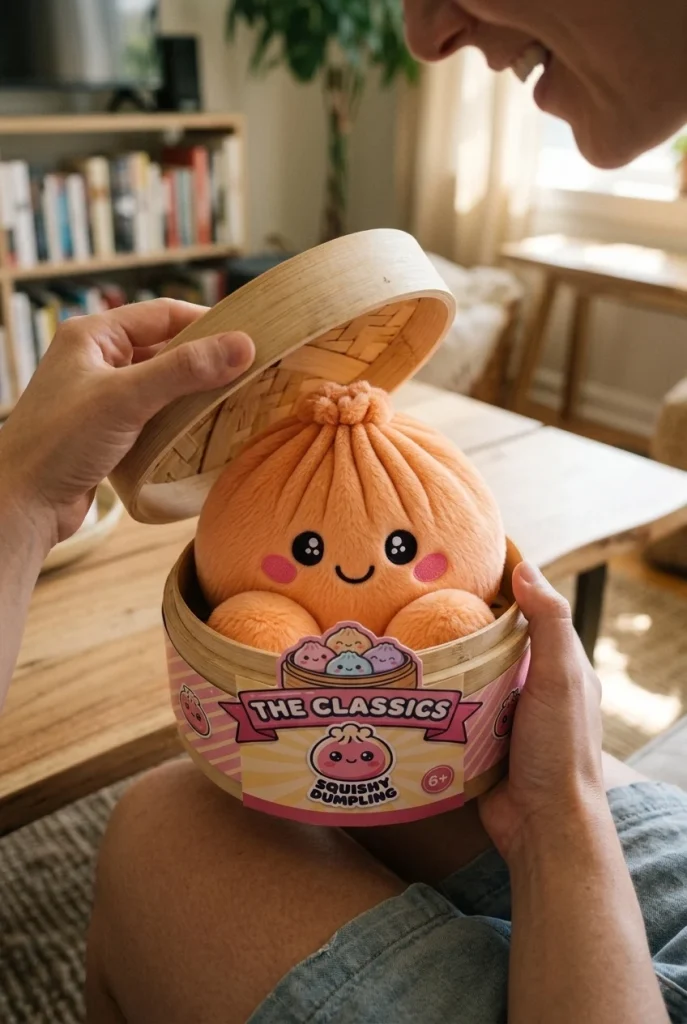 Squishy Dumpling Orange Mandarin i unboxing-ögonblicket