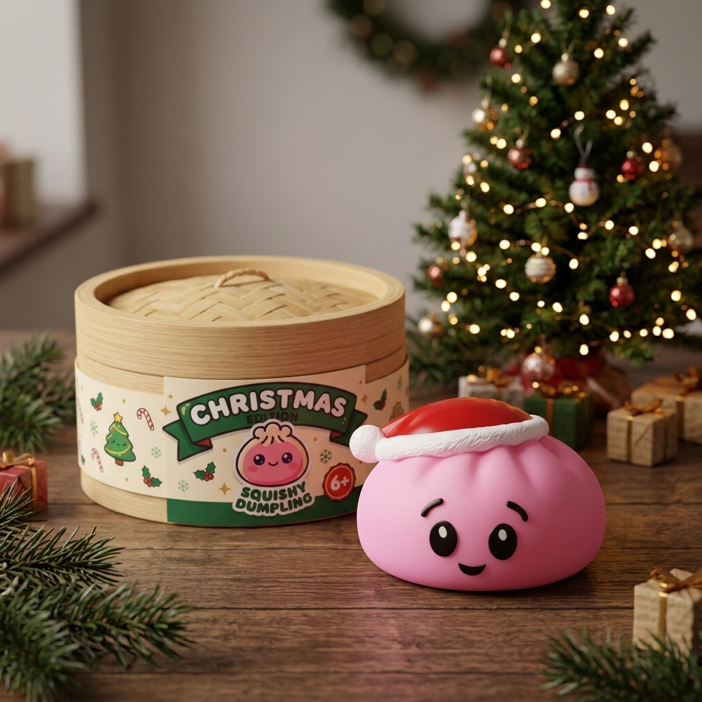Jultomteluva Dumpling Squishy Rosa i sin kawaii-miljö
