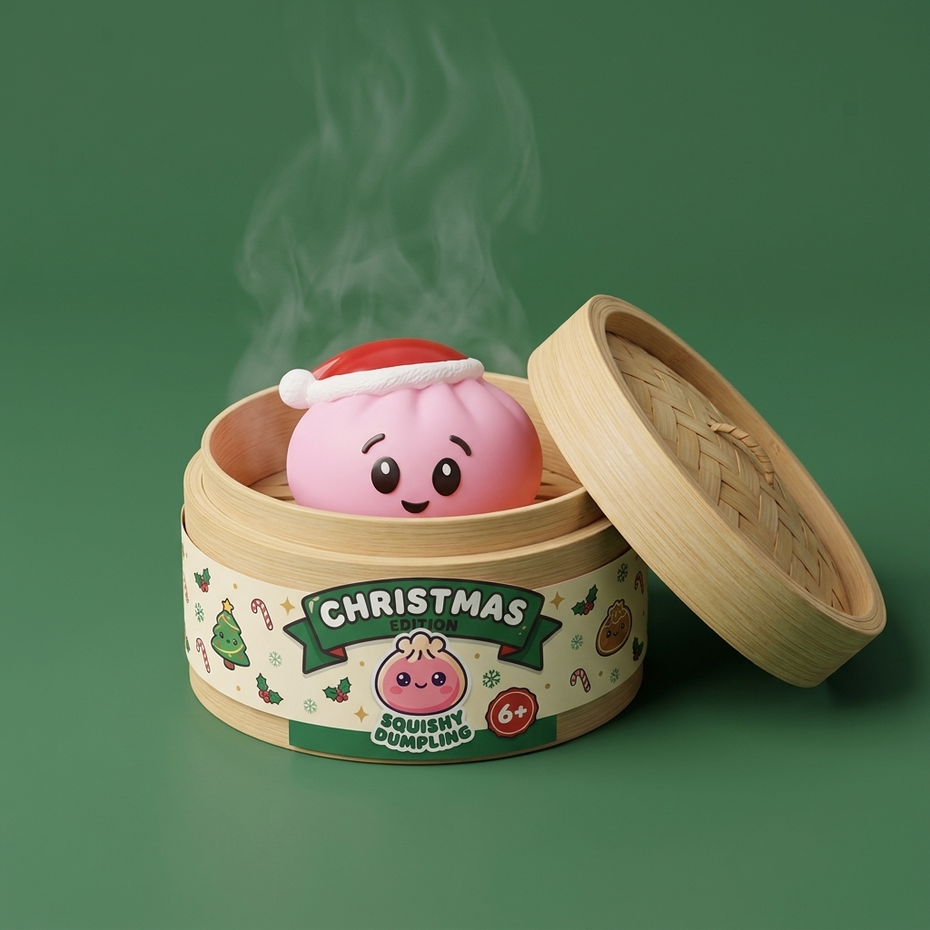 Jultomteluva Dumpling Squishy Rosa i sin bambu-ångkorg