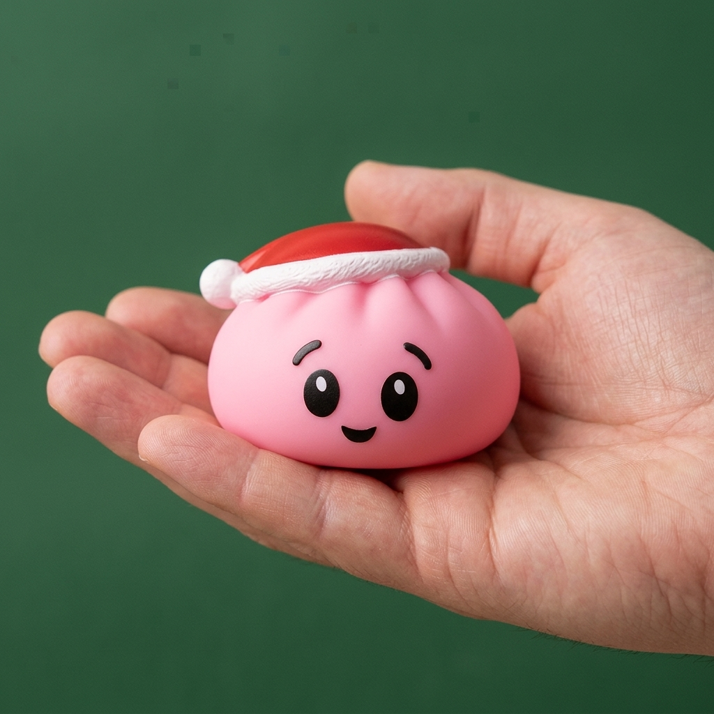 Jultomteluva Dumpling Squishy Rosa i handen, verklig storlek