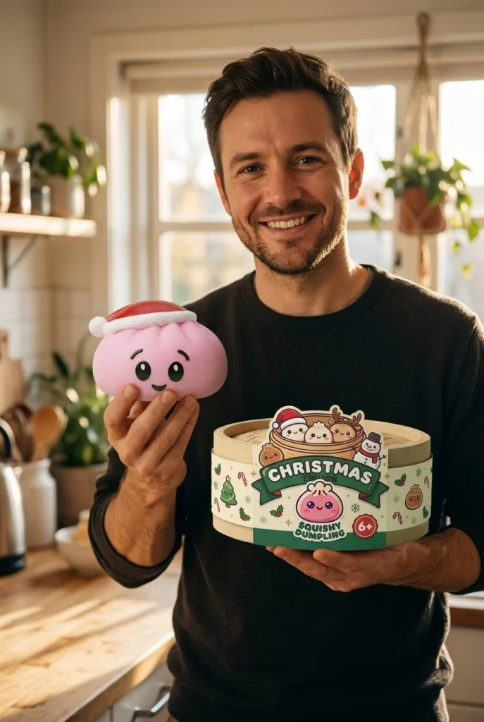 Jultomteluva Dumpling Squishy Rosa med sin ask