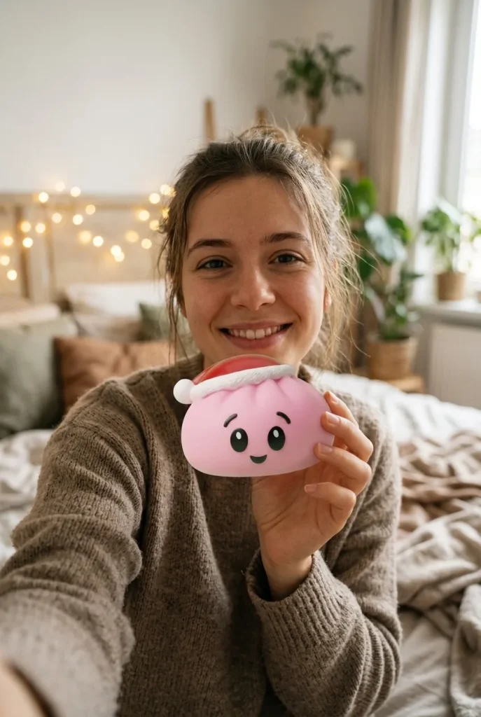 Jultomteluva Dumpling Squishy Rosa i vardagen