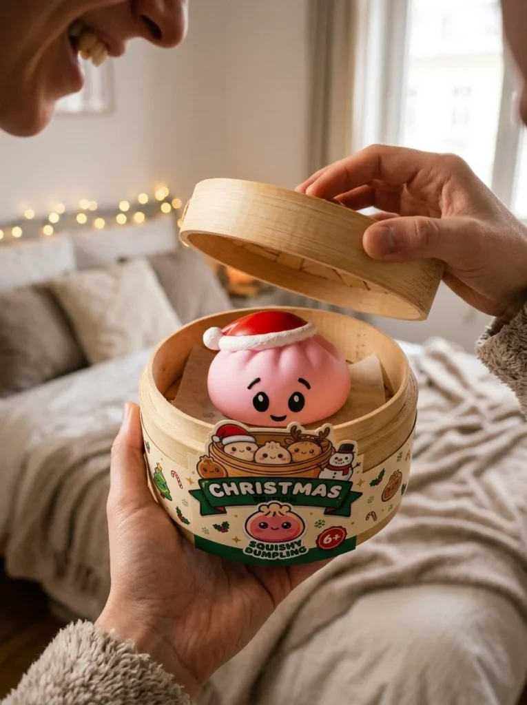 Jultomteluva Dumpling Squishy Rosa i unboxing-ögonblicket