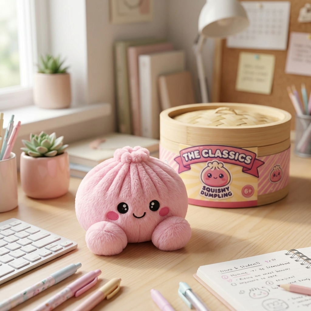 Dumpling Squishy Plush Rosa Pion i sin kawaii-miljö