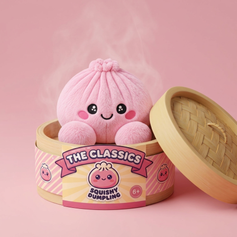 Dumpling Squishy Plush Rosa Pion i sin bambu-ångkorg