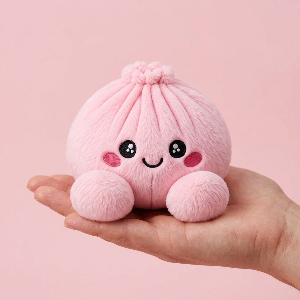 Dumpling Squishy Plush Rosa Pion i handen, verklig storlek
