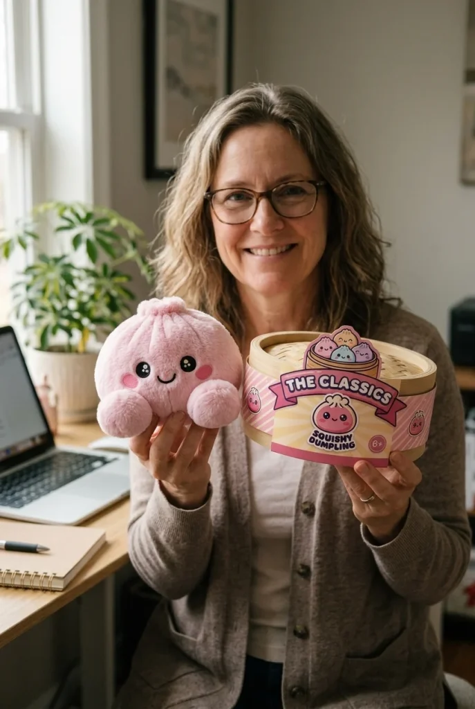 Dumpling Squishy Plush Rosa Pion med sin ask
