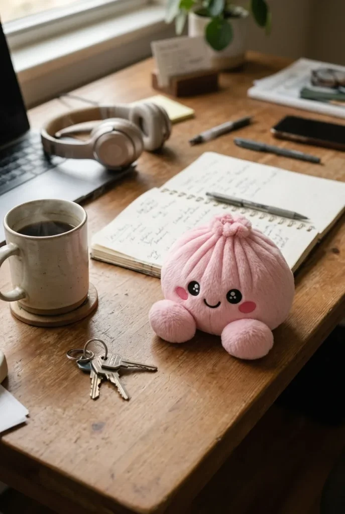 Dumpling Squishy Plush Rosa Pion på skrivbordet