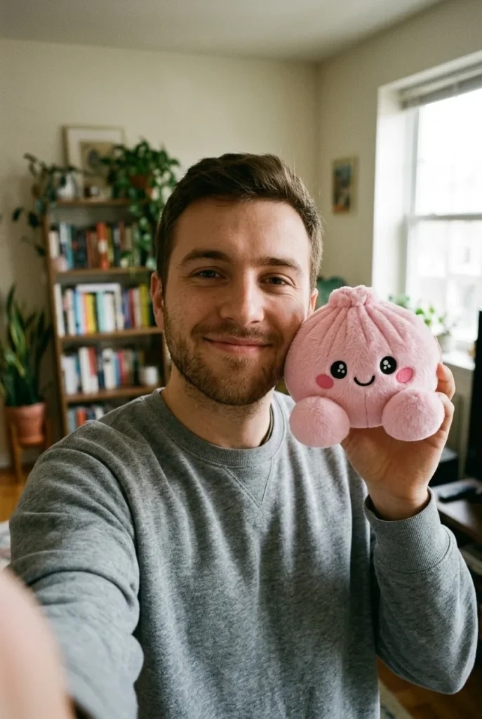 Dumpling Squishy Plush Rosa Pion i vardagen