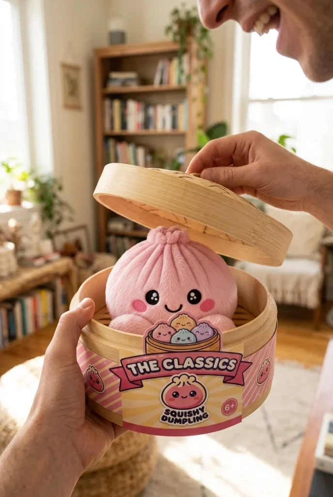 Dumpling Squishy Plush Rosa Pion i unboxing-ögonblicket