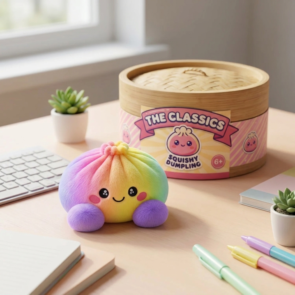 Rainbow Dumpling Squishy Pastel Plysch i sin kawaii-miljö