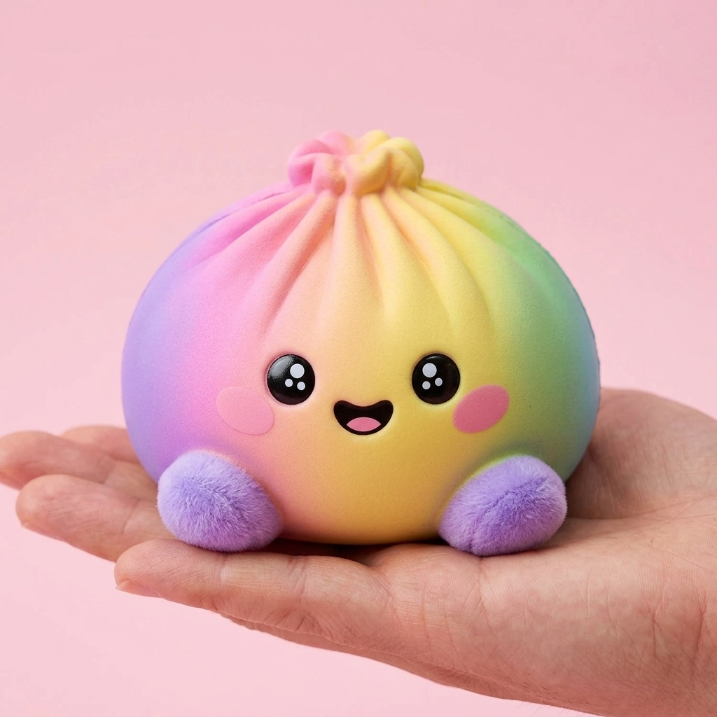 Rainbow Dumpling Squishy Pastel Plysch i handen, verklig storlek