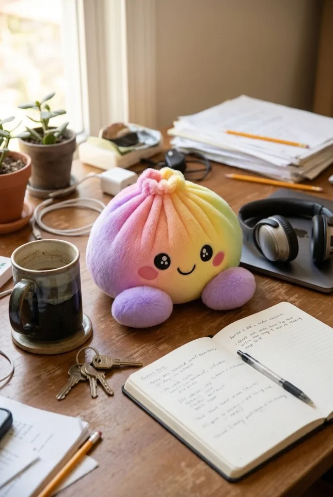 Rainbow Dumpling Squishy Pastel Plysch på skrivbordet