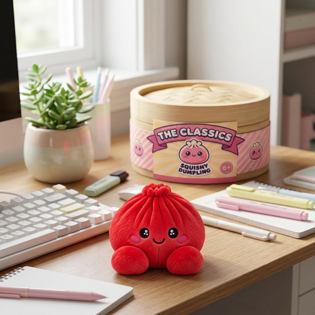 Dumpling Squishy Rubinröd Gosedjur i sin kawaii-miljö