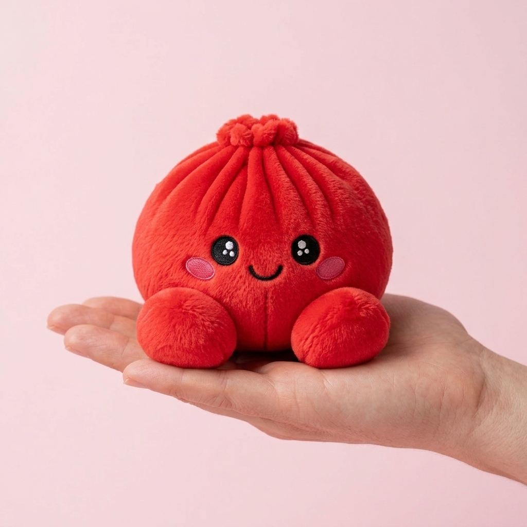 Dumpling Squishy Rubinröd Gosedjur i handen, verklig storlek