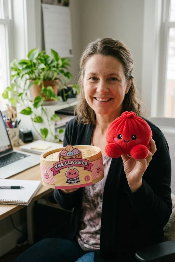 Dumpling Squishy Rubinröd Gosedjur med sin ask