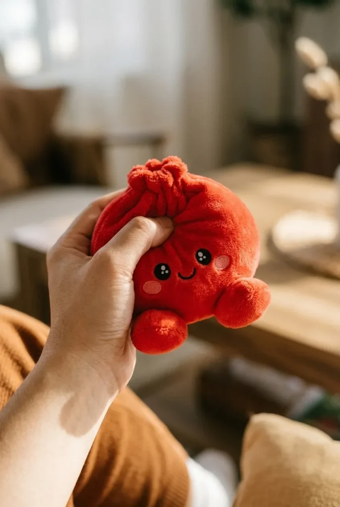 Dumpling Squishy Rubinröd Gosedjur mitt i klämmet