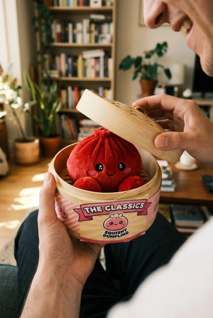 Dumpling Squishy Rubinröd Gosedjur i unboxing-ögonblicket