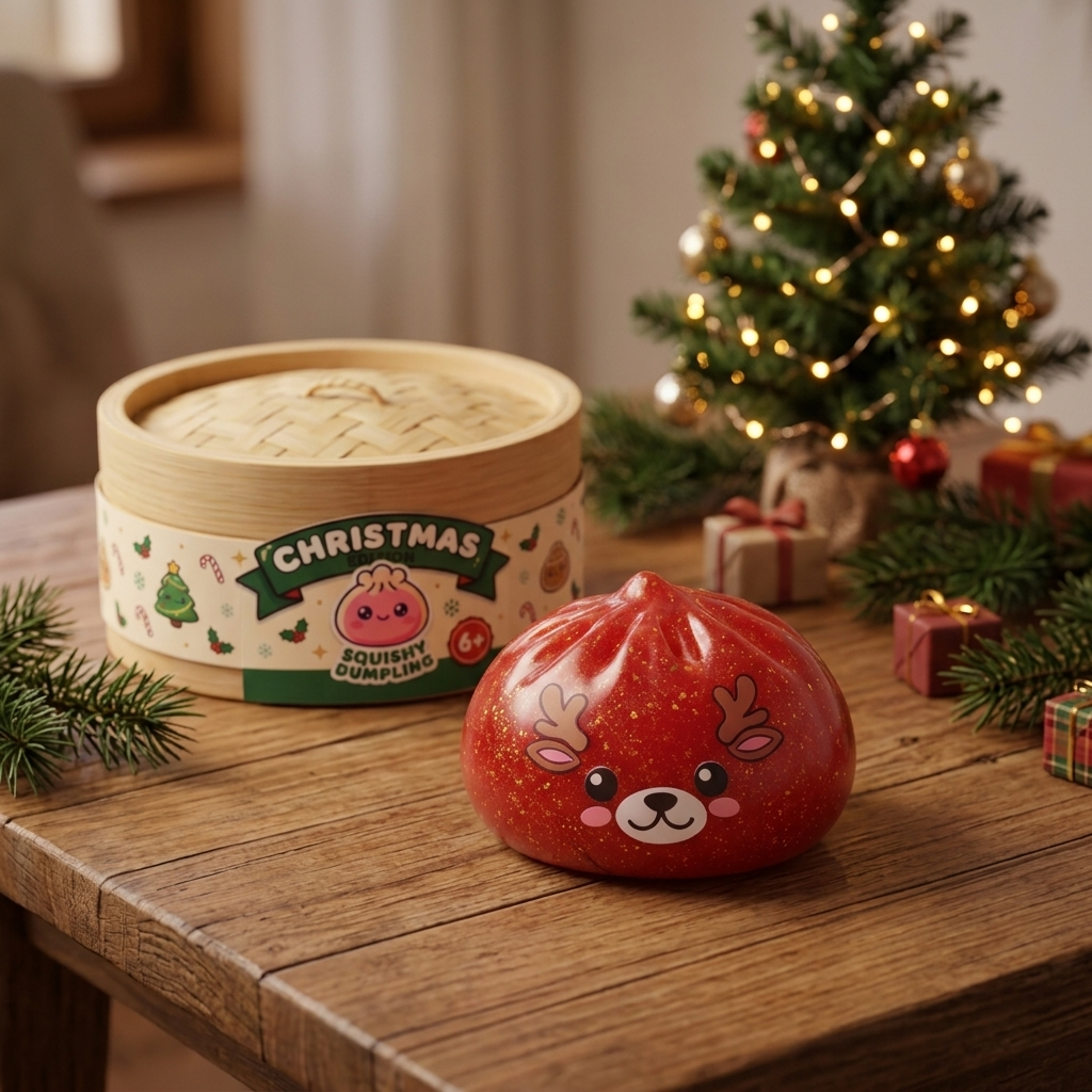 Squishy Dumpling Rensdjur Röd Glitter i sin kawaii-miljö