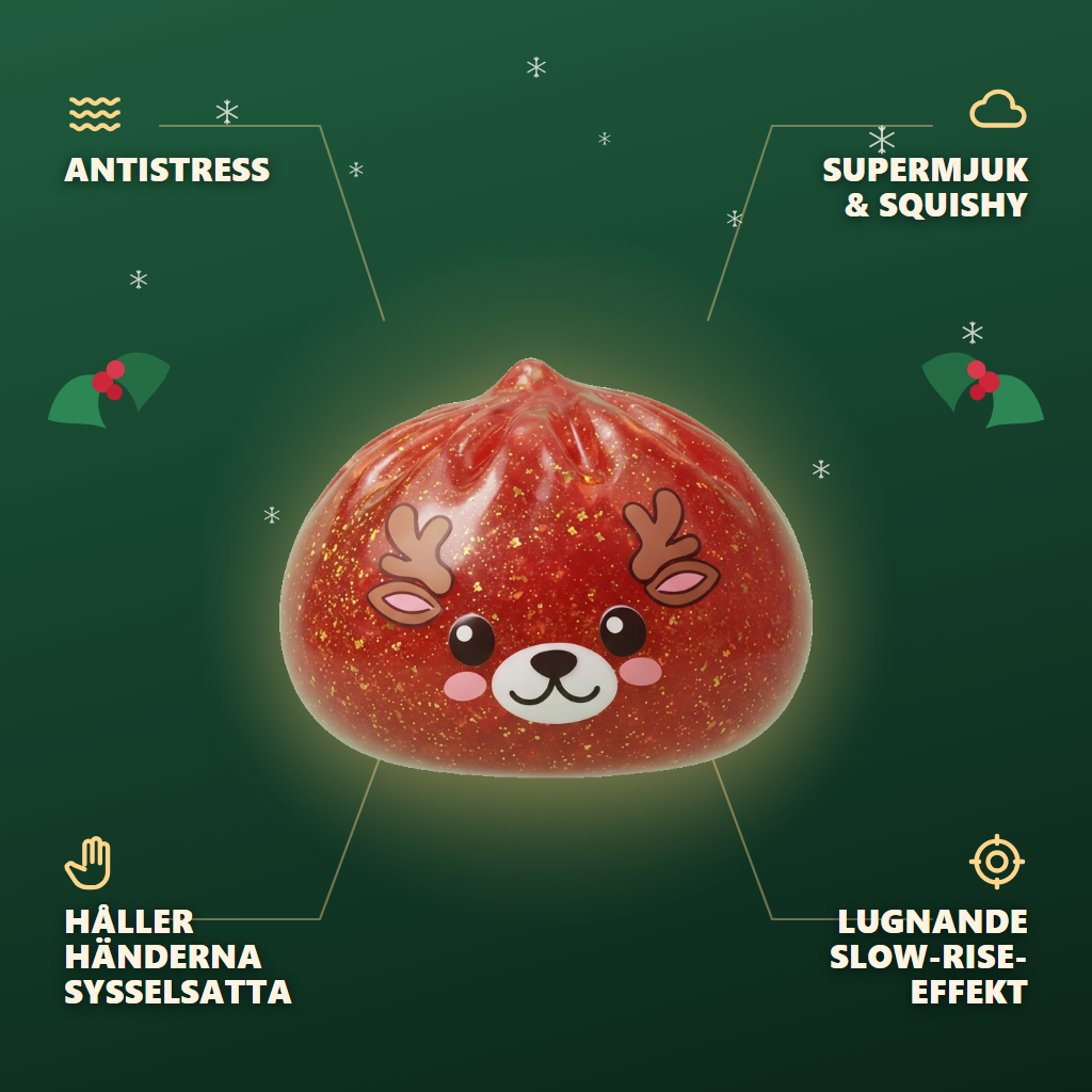 Squishy Dumpling Rensdjur Röd Glitter — dess fördelar