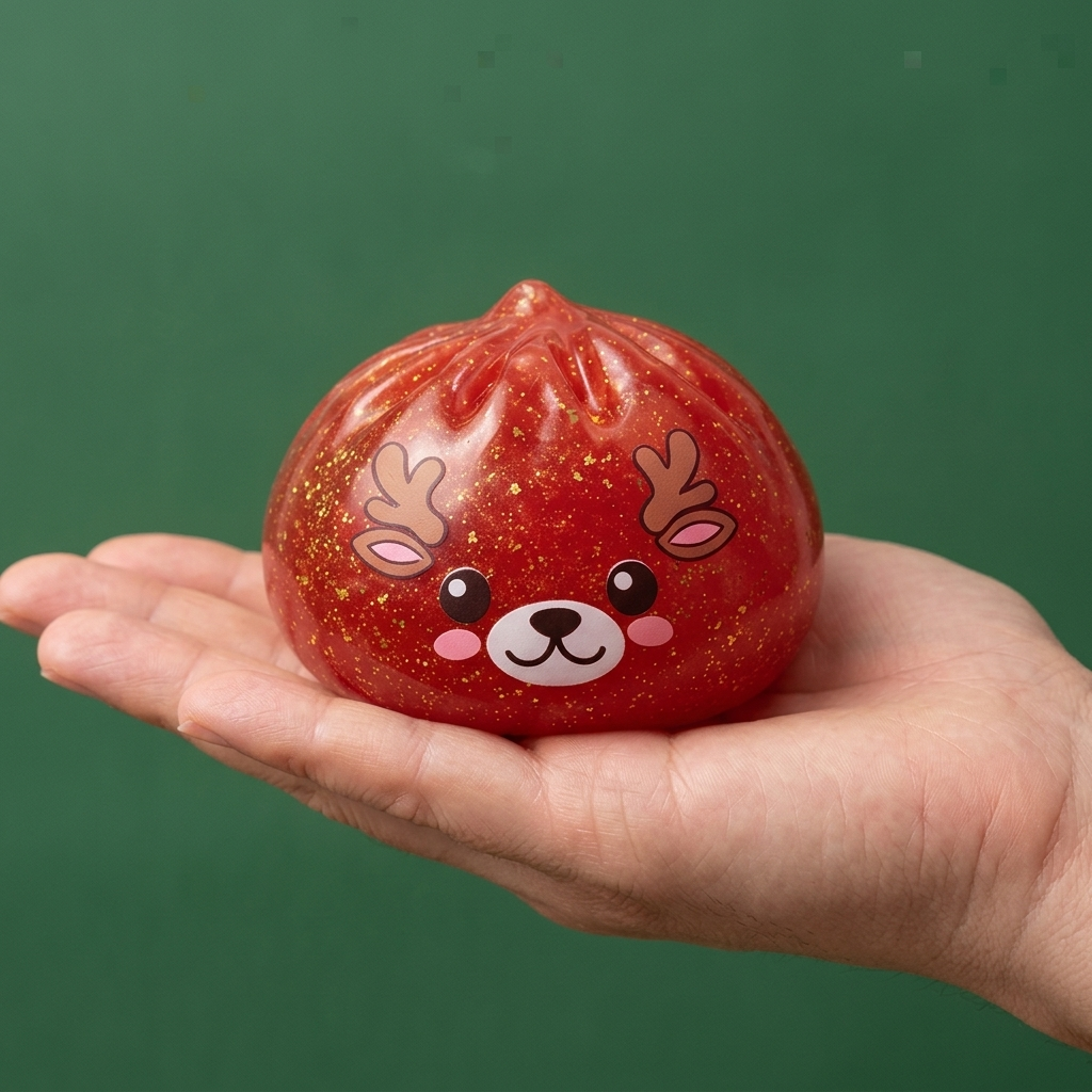 Squishy Dumpling Rensdjur Röd Glitter i handen, verklig storlek