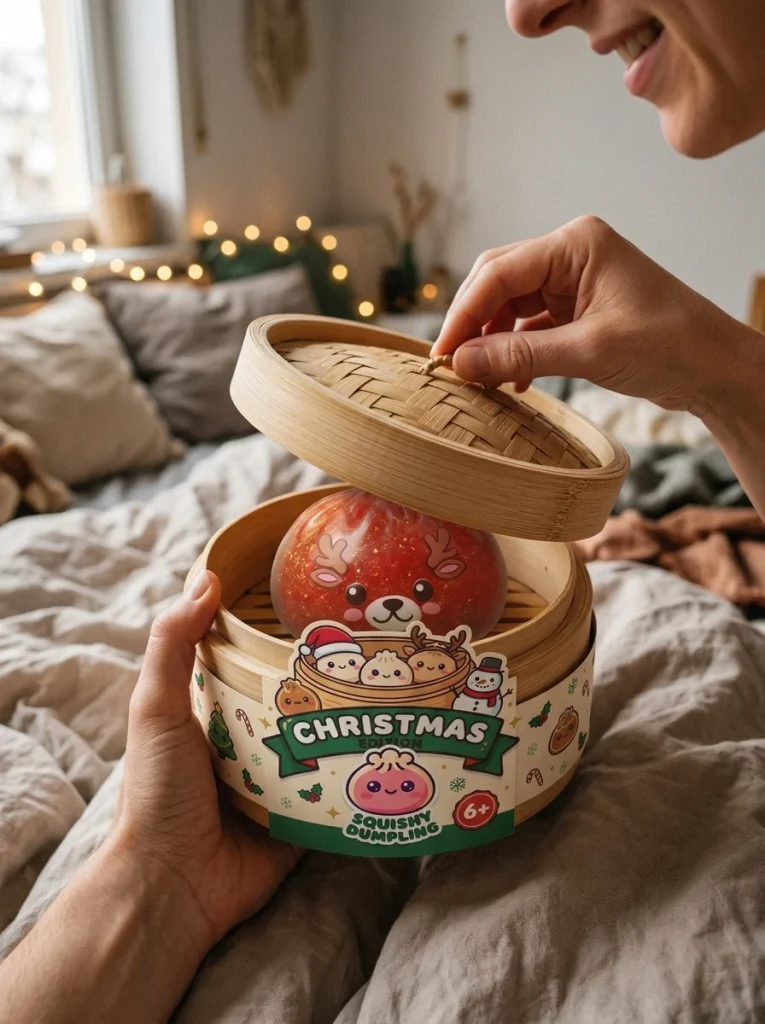 Squishy Dumpling Rensdjur Röd Glitter i unboxing-ögonblicket
