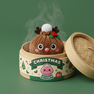 Reindeer Dumpling Squishy Jul i sin bambu-ångkorg