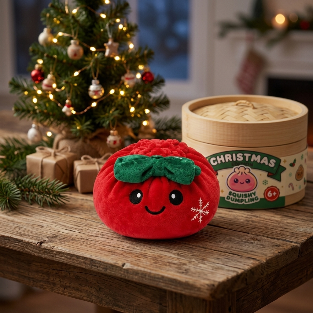 Dumpling Squishy Julrosett Röd i sin kawaii-miljö