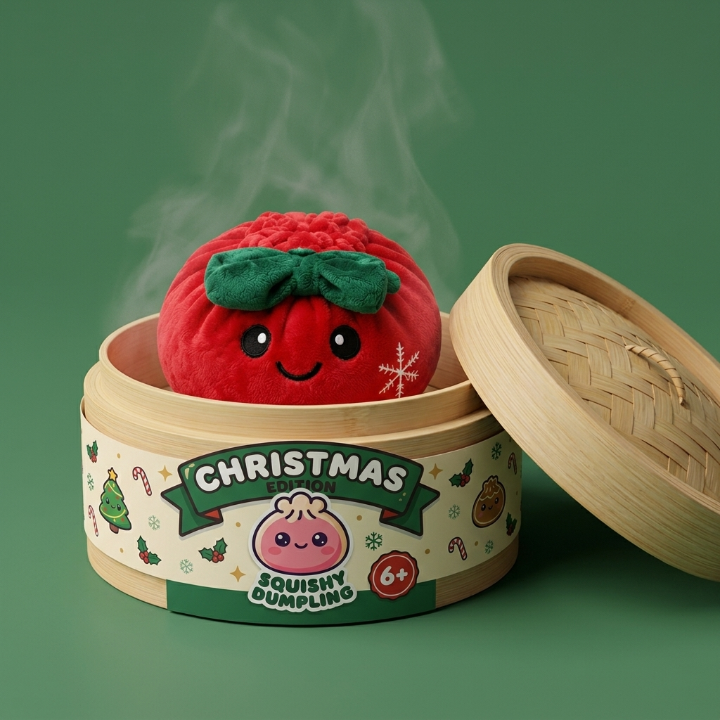 Dumpling Squishy Julrosett Röd i sin bambu-ångkorg