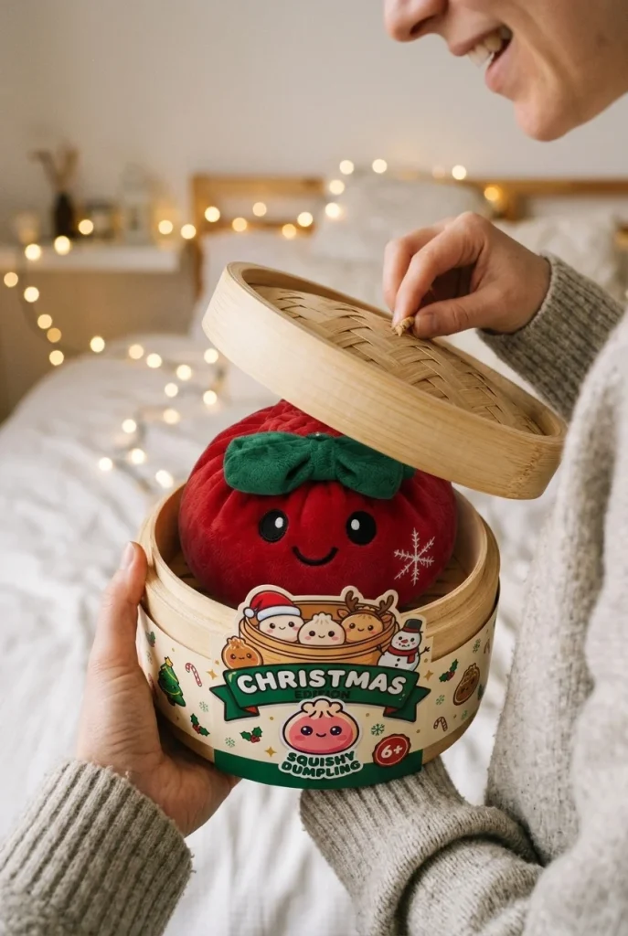 Dumpling Squishy Julrosett Röd i unboxing-ögonblicket
