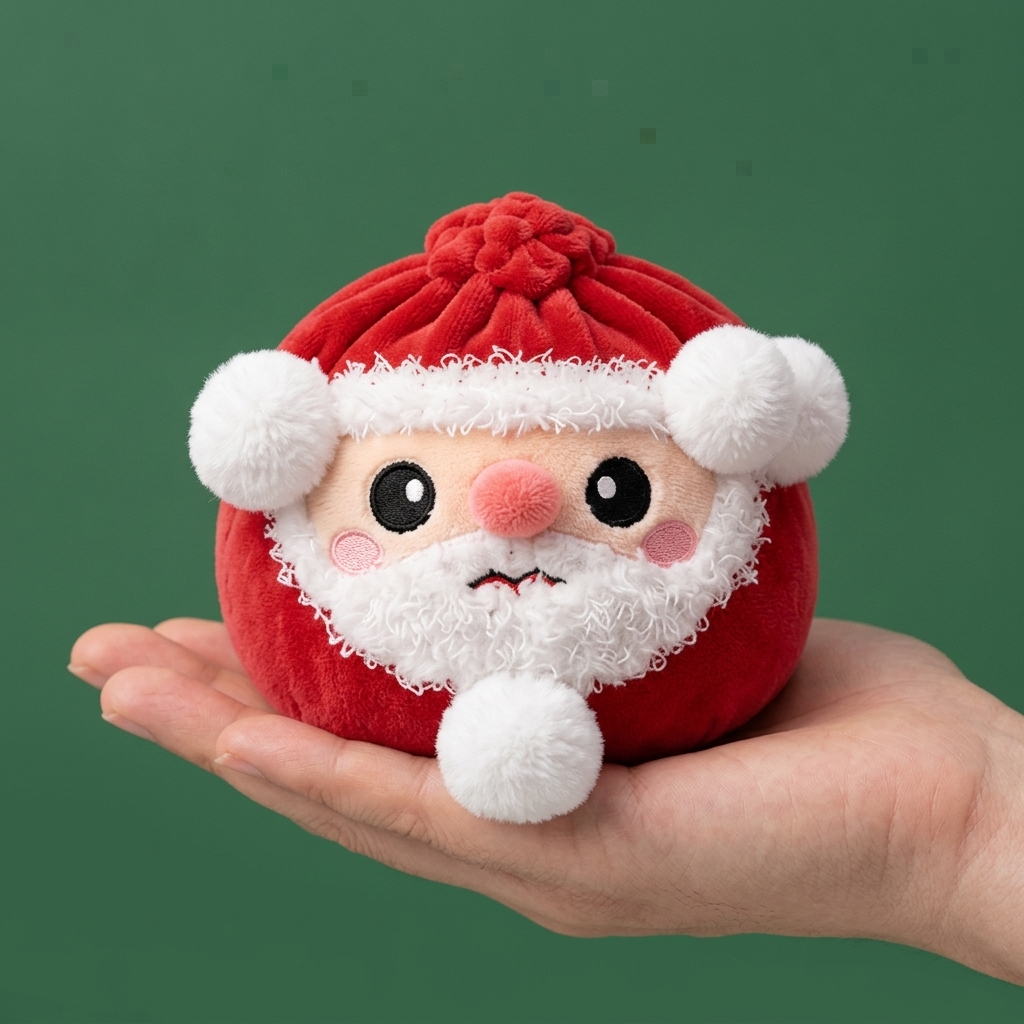 Squishy Dumpling Jultomte i handen, verklig storlek