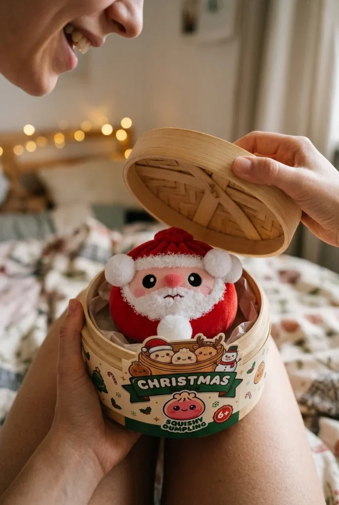 Squishy Dumpling Jultomte i unboxing-ögonblicket